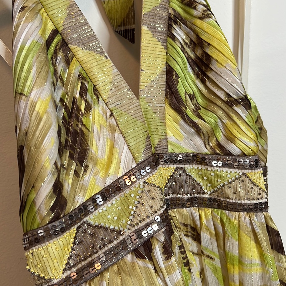 BCBGMaxAzria Yellow Green Halter Maxi Dress Beaded Sequin Pleated